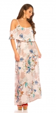 Blümchen Maxi-Kleid mit Volant-Verzierung - rosa