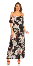 Blümchen Maxi-Kleid mit Volant-Verzierung - schwarz