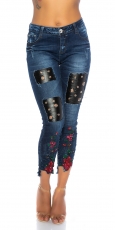 Preview: Sexy Skinny-Jeans mit Leder-Patches und Blumen-Stickerei - dark blue