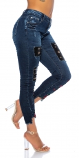 Preview: Sexy Skinny-Jeans mit Leder-Patches und Blumen-Stickerei - dark blue