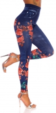 Preview: High Waist Leggings in Jeans-Optik mit Blüten-Prints - blue washed