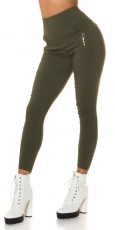 High Waist Leggings mit Taschen und Deko-Knöpfen in khaki