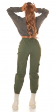 Preview: High Waist Hose im modischen Cargo-Look - khaki