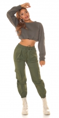 Preview: High Waist Hose im modischen Cargo-Look - khaki