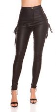 Preview: Sexy Wetlook-Hose mit seitlicher Zierschnürung in schwarz