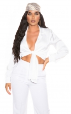 Sexy bauchfreie Satin-Bluse zum knoten in weiß
