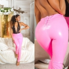 Preview: Heiße Hose im Latexlook mit Zierschnürung in neonpink
