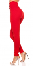 Preview: Elegante High Waist Hose  mit Zierknopf-Leiste - rot