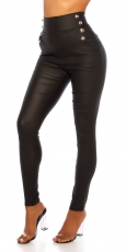 Preview: Sexy High-Waist-Hose im Lederlook mit Zierknöpfen - schwarz