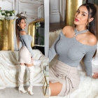 Preview: Schulterfreier Strick-Pulli mit Strassverzierung - stone