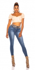 Preview: Figurbetonte Skinny Jeans mit Schleifen-Verzierung - blue washed