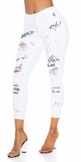 Skinny Jeans im Used-Look mit modischen Schrift-Prints - weiß