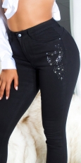 Preview: Stretch Jeans mit dezenter Strass-Verzierung - schwarz