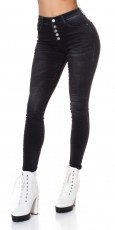 Stretch Skinny Jeans mit Knopfleiste - schwarz