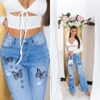 Preview: Used Mom Fit Jeans mit Rissen und Schmetterlings-Print - blue washed