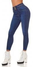 Figurbetonte High Waist Jeans mit Knopfleiste und Zierkettchen - blue washed