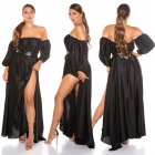 Preview: Seidig glänzendes Satin Kleid mit Carmen-Ausschnitt - schwarz