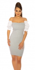 Figurbetontes Feinstick-Minikleid mit Carmen-Ausschnitt - stone