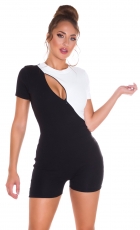 Bicolor Jumpsuit Overall mit diagonalen Zipper - schwarz/weiß