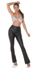 Preview: Sexy Thermo Leder-Look Hose mit Schlag - schwarz