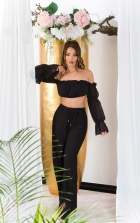 Preview: Sommer Plissee Schlag Damen Hose - schwarz