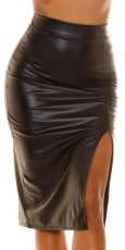 Sexy High Waist Kunstleder-Rock mit Beinschlitz - schwarz