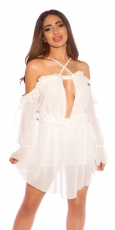 Kurzer Chiffon-Playsuit mit Volant-Verzierung - weiß