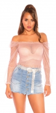 Transparentes Carmen-Shirt mit Rüschen-Abschlüssen in altrosa