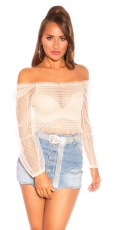 Transparentes Carmen-Shirt mit Rüschen-Abschlüssen in beige