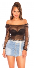 Transparentes Carmen-Shirt mit Rüschen-Abschlüssen in schwarz
