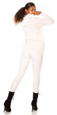 Preview: Legerer Oversize Feinstrick-Pullover mit kontrastfarbener Kapuze - beige