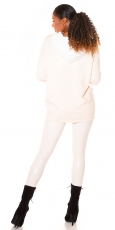 Preview: Legerer Oversize Feinstrick-Pullover mit kontrastfarbener Kapuze - beige