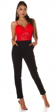 Eleganter Bicolor Overall mit Spitzenoberteil - rot / schwarz