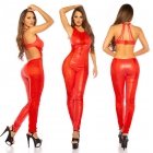 Preview: Exklusiver Wetlook-Overall mit Spitzen-Einsätzen - rot
