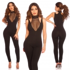 Preview: Ärmelloser Overall mit transparenten Mesh-Einsätzen - schwarz
