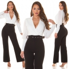 Preview: Moderner Hosenanzug mit sexy V-Ausschnitt und Gürtel - schwarz/weiß
