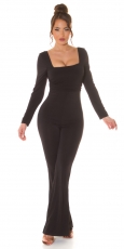 Figurbetonter Jumpsuit Overall mit Karree-Ausschnitt - schwarz