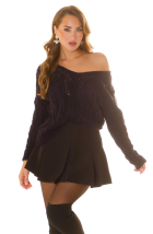 Grobstrick-Pullover mit Zopfmuster und tiefem V-Ausschnitt - schwarz