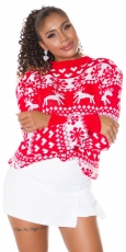 Oversize Pullover mit witzigem Rentiermuster in rot