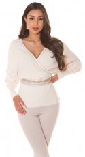 Rippstrick Pullover in sexy Wickel-Optik und Schmuckbordüre - beige
