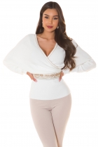 Rippstrick Pullover in sexy Wickel-Optik und Schmuckbordüre - weiß