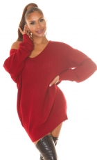 Oversize-Grobstrickpullover mit extra weitem V-Ausschnitt - rot