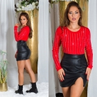 Preview: Taillierter Glattstrick-Pullover mit Strassverzierung - rot