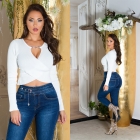 Preview: Feinstrick Pullover mit sexy Wickel-Ausschnitt und Zierschnalle - weiß