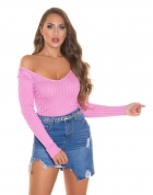 Figurbetonter Rippstrick-Pullover mit V-Ausschnitt in rosa