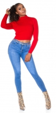 Preview: Kurz geschnittener Rippstrick Rollkragen Pullover in rot