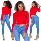 Preview: Kurz geschnittener Rippstrick Rollkragen Pullover in rot