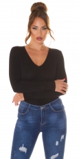 Figurbetonter Glattstrick-Pullover mit V-Ausschnitt - schwarz