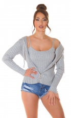Modernes 2er Set Rippstrick Cardigan und Top in stone