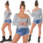 Preview: Modernes 2er Set Rippstrick Cardigan und Top in stone